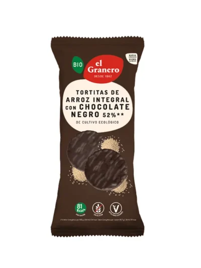 TORTITAS DE ARROZ CON CHOCOLATE NEGRO BIO, 6 UND. 100 g[VEGANO][SIN-GLUTEN][SIN-HUEVO]