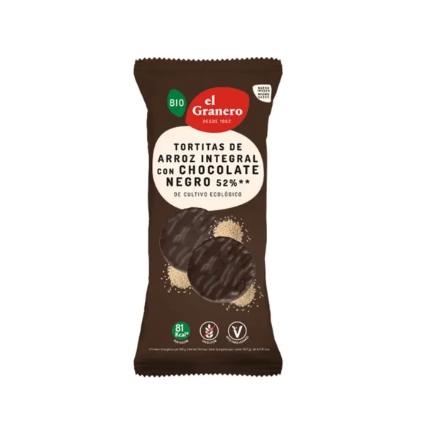 TORTITAS DE ARROZ CON CHOCOLATE NEGRO BIO, 6 UND. 100 g[VEGANO][SIN-GLUTEN][SIN-HUEVO]